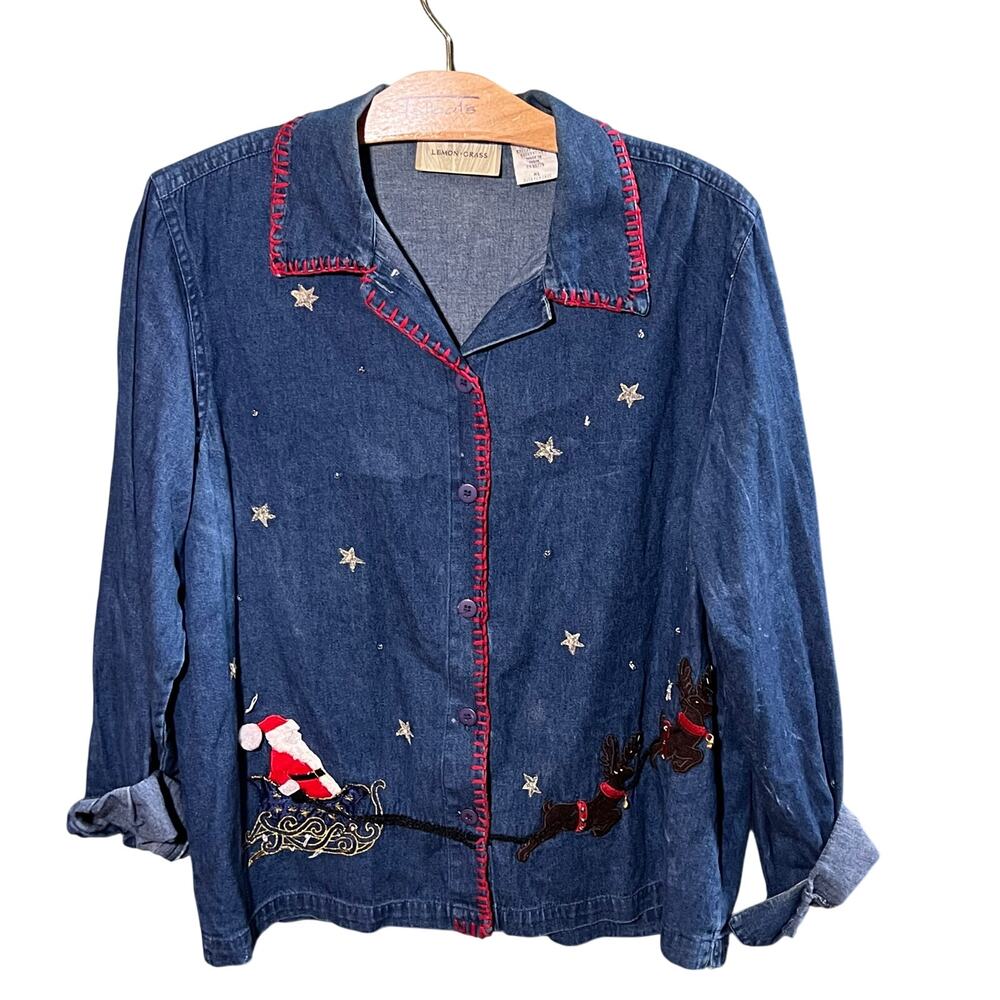Lemon Grass Christmas Denim Shirt Womens XL Santa Reindeer Embroidered Blue Flaw